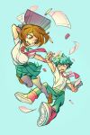  1boy 1girl blush boku_no_hero_academia brown_hair closed_eyes closed_mouth coffee commentary couple cup drink green_hair green_pajamas green_shirt happy hetero holding holding_cup holding_drink ice ice_cube indoors knees_to_chest knees_up midoriya_izuku night non-web_source open_mouth pajamas pink_pajamas pink_shirt polka_dot polka_dot_pajamas polka_dot_shirt shared_blanket shelter shirt short_eyebrows sidelocks sitting smile snow snowing sparkle under_covers upper_body uraraka_ochako window 