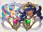  2girls aqua_hair armor black_hair blush breastplate cropped_torso dark-skinned_female dark_skin multicolored_hair multiple_girls palette_swap pink_hair princess_(sekaiju) princess_5_(sekaiju) sekaiju_no_meikyuu sekaiju_no_meikyuu_3 sekaiju_no_meikyuu_hd thcurry tiara twintails violet_eyes 