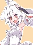  1girl :d animal_ears armpits bare_shoulders black_gloves breasts bridal_gauntlets fang gloves highres inubashiri_momiji kuro-ekaki looking_at_viewer open_mouth outline red_eyes salute shirt short_hair skin_fang smile solo sweater tail touhou turtleneck turtleneck_sweater white_hair white_outline white_shirt white_sleeves white_sweater wolf_ears wolf_girl wolf_tail 