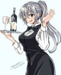  1girl ;d alcohol artist_name black_bow black_bowtie black_skirt black_vest bottle bow bowtie breasts brown_eyes buttons collared_shirt commentary cowboy_shot cup dated dress_shirt drinking_glass grey_hair hair_between_eyes hand_up happy holding holding_tray light_blue_background long_hair long_sleeves looking_at_viewer medium_breasts one_eye_closed open_mouth original pencil_skirt ponytail shirt signature simple_background skirt smile solo standing sugano_manami traditional_bowtie tray vest waitress waving white_shirt 