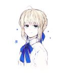  1girl ahoge artoria_pendragon_(fate) blonde_hair dress fate_(series) green_eyes hair_ribbon highres looking_at_viewer ribbon saber sodamachi solo star_(symbol) tagme white_background 