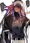  1boy baseball_bat baseball_cap baseball_jersey baseball_uniform black_eyes black_shirt camazotz_(fate) eeju fate/grand_order fate_(series) hat highres jersey layered_sleeves long_hair long_sleeves looking_at_viewer male_focus over_shoulder shirt short_over_long_sleeves short_sleeves signature simple_background solo speech_bubble sportswear translation_request upper_body white_background 