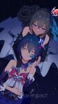  2girls absurdres black_background blue_background blue_eyes blue_hair bronya_zaychik bronya_zaychik_(herrscher_of_reason) closed_eyes closed_mouth copyright_name facing_viewer gradient_background grey_hair guguai_jingling highres honkai_(series) honkai_impact_3rd long_hair looking_at_another multiple_girls seele_vollerei short_hair smile starry_background yuri 