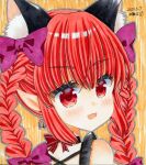  1girl :d alternate_costume animal_ear_fluff animal_ears bare_shoulders bow braid cat_ears dated extra_ears fang hair_bow kaenbyou_rin looking_back open_mouth pointy_ears portrait purple_bow red_eyes redhead simple_background smile solo touhou twin_braids zenra1112 
