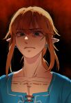  1boy angry black_background collarbone earrings frown green_shirt hair_between_eyes highres jewelry link looking_at_viewer male_focus pointy_ears portrait psp26958748 red_background shirt sidelocks solo the_legend_of_zelda the_legend_of_zelda:_breath_of_the_wild two-tone_background 