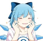 1girl absurdres alternate_costume blue_bow blue_hair bow circled_9 cirno closed_eyes collared_shirt commentary detached_wings facing_viewer furai_art hair_bow highres ice ice_wings open_mouth shirt short_hair simple_background solo star_(symbol) touhou upper_body white_background wings 