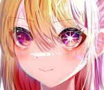  1girl blonde_hair blush close-up closed_mouth commentary_request eye_focus hair_between_eyes highres hoshino_ruby looking_at_viewer mismatched_pupils oshi_no_ko partial_commentary solo star-shaped_pupils star_(symbol) symbol-shaped_pupils toripurusebun violet_eyes 