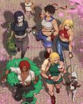  5girls 5others abs adapted_costume animal_on_shoulder animalization ayaki_d baozi beagle beast_boy_(dc) black_choker black_hair blonde_hair blue_eyes blue_mary breasts brown_hair burger cammy_white casual cat cat_on_shoulder cherry_blossoms choker coffee_cup collarbone commentary_request covered_abs criss-cross_halter crop_top cropped_hoodie crossover cup dark-skinned_female dark_skin dc_comics disposable_cup dog dog_walking english_commentary fingerless_gloves food from_above front-tie_top giovanna_(guilty_gear) gloves guilty_gear guilty_gear_strive hair_over_one_eye halterneck highres holding holding_food holding_leash hood hoodie kasugano_sakura large_breasts leash medium_breasts midriff mixed-language_commentary multiple_crossover multiple_girls multiple_others muscular muscular_female narrow_waist no_bra parted_hair raven_(dc) red_gloves redhead rei_(guilty_gear) sandwich selfie_stick shiba_inu short_hair shorts sleeveless street_fighter street_fighter_zero_(series) teen_titans the_king_of_fighters underwear_writing walking wolf 