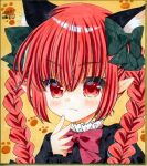  1girl animal_ears black_dress bow bowtie cat_ears dress extra_ears fang fang_out green_bow hair_between_eyes hair_bow hand_up kaenbyou_rin light_blush light_smile looking_at_viewer paw_print pointy_ears red_bow red_bowtie red_eyes redhead simple_background solo touhou yellow_background zenra1112 