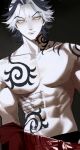  1boy abs black_background blue_hair chest_tattoo closed_mouth collarbone cowboy_shot highres looking_at_viewer male_focus medium_hair multicolored_hair neck_tattoo pants red_pants shiba_taiju solo standing tattoo tokyo_revengers topless_male tottiriti two-tone_hair v-shaped_eyebrows veins white_hair yellow_eyes 
