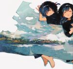 1boy 1girl absurdres barefoot black_hair black_shirt closed_eyes clouds double_exposure forest highres ka_(marukogedago) lake long_hair lying nature on_back on_side open_mouth original scenery shirt short_hair short_sleeves simple_background sleeping smile under_covers white_background 