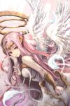  1girl angel angel_wings archangel_gabriel_(guardian_tales) feathers guardian_tales highres pink_hair red_eyes solo takenokojro wings 