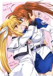  2girls artist_name blonde_hair blue_eyes blush breasts brown_hair dated fate_testarossa grin hair_ribbon highres hug large_breasts long_hair looking_at_another lyrical_nanoha magical_girl mahou_shoujo_lyrical_nanoha mahou_shoujo_lyrical_nanoha_a&#039;s mahou_shoujo_lyrical_nanoha_strikers military military_uniform miniskirt multiple_girls ponytail red_eyes ribbon san-pon simple_background skirt small_breasts smile takamachi_nanoha thigh-highs tsab_executive_military_uniform uniform white_thighhighs yuri 