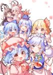  6+girls absurdres black_eyes black_hair blonde_hair blue_eyes blue_hair cirno fujiwara_no_mokou grey_hair highres houraisan_kaguya izayoi_sakuya kamishirasawa_keine long_hair multiple_girls red_eyes remilia_scarlet rumia short_hair touhou waramori_fuzuka white_hair 