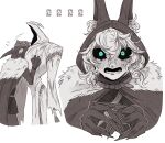  2boys absurdres animal_ear_fluff animal_ears animal_hood aoi_(0ud0ntabetabe) bags_under_eyes bandaged_arm bandaged_fingers bandages belt black_sclera blue_eyes blush cloak clothes_grab colored_sclera crying crying_with_eyes_open drooling ears_down face_to_pecs faceless facing_another fake_animal_ears fingernails flying_sweatdrops fur-trimmed_cloak fur_trim gameplay_mechanics gloves hair_between_eyes hand_on_another&#039;s_head hastur_(identity_v) headpat highres hood hood_up hooded_cloak hooded_robe identity_v ithaqua_(identity_v) long_fingernails long_sleeves looking_at_viewer lower_teeth_only male_focus medium_hair messy_hair monochrome monster_boy mouth_drool multiple_boys multiple_views open_mouth robe sharp_fingernails simple_background sobbing spot_color tears teeth torn_clothes torn_robe torn_sleeves wavy_eyes wide-eyed 