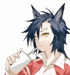  1girl air_shakur_(umamusume) animal_ears asymmetrical_bangs black_hair closed_mouth cup disposable_cup drinking_straw eyebrow_piercing grey_background hair_between_eyes hand_up high_collar highres holding holding_cup horse_ears jacket jemma_(mashirahoshi) long_hair long_sleeves looking_at_viewer piercing red_jacket simple_background solo sweat track_jacket umamusume upper_body yellow_background 