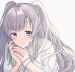  1girl artist_request bandaid bandaid_on_face bandaid_on_forehead commentary_request frilled_shirt frills grey_background grey_hair highres idolmaster idolmaster_shiny_colors long_hair looking_at_viewer portrait shirt smile solo sunlight twintails upper_body violet_eyes white_shirt yukoku_kiriko 