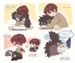  2boys animalization argalia_(library_of_ruina) bbunny black_pants book brown_sweater collared_shirt dog korean_text library_of_ruina long_sleeves lowell_(library_of_ruina) multiple_boys out_of_frame pants pet_brush project_moon red_eyes redhead shedding_fur shirt short_hair sweater translation_request white_shirt xiao_(library_of_ruina) 