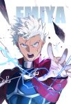  1boy archer_(fate) blood blood_on_face blood_on_hands blue_eyes character_name dark_skin english_text fate/stay_night fate_(series) highres looking_at_viewer magic male_focus open_mouth short_hair shrug_(clothing) solo tassel teeth tobu_0w0 white_hair 