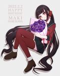  1girl arironpawa black_hair black_sailor_collar black_skirt bouquet brown_footwear character_name danganronpa_(series) danganronpa_v3:_killing_harmony dated hair_ornament hair_scrunchie happy_birthday harukawa_maki highres holding holding_bouquet long_hair long_sleeves miniskirt pleated_skirt red_eyes red_scrunchie red_shirt red_thighhighs sailor_collar scrunchie shirt shoes skirt smile solo thigh-highs very_long_hair 