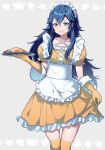  1girl alternate_costume ameno_(a_meno0) apron blue_eyes blue_hair collarbone dress elbow_gloves enmaided fire_emblem fire_emblem_awakening food frilled_dress frills gloves grey_background grin hair_between_eyes highres holding holding_plate ketchup long_hair looking_at_viewer lucina_(fire_emblem) maid maid_headdress omelet omurice plate puffy_short_sleeves puffy_sleeves short_sleeves smile solo thigh-highs waist_apron white_apron yellow_dress yellow_gloves yellow_thighhighs 