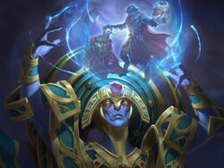  3boys arms_up artifact_(game) blue_skin bracer cape character_request cheekbones colored_skin commentary dota_(series) dota_2 english_commentary furry gem green_eyes headpiece highres kunkka_(dota_2) lie_setiawan magic male_focus multiple_boys official_art oracle_(dota2) red_cape red_gemstone shield upper_body wolf 