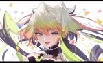  1other black_choker black_hair blonde_hair choker fang gradient_hair green_eyes green_hair long_hair melissa_kinrenka multicolored_hair nijisanji other_focus petals skin_fang smile solo twintails very_long_hair virtual_youtuber yazune 