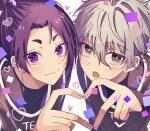  2boys black_eyes black_shirt blue_lock closed_mouth grey_hair heart heart_hands heart_hands_duo long_sleeves looking_at_viewer male_focus mikage_reo mma_runn multiple_boys nagi_seishirou open_mouth purple_hair shirt short_hair sleeves_past_wrists smile violet_eyes white_background 