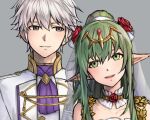  1boy 1girl bridal_veil brown_eyes collarbone dress fire_emblem fire_emblem_awakening formal green_eyes green_hair grey_hair hair_ornament highres husband_and_wife pointy_ears ponytail robin_(fire_emblem) robin_(male)_(fire_emblem) smile suit tiki_(adult)_(fire_emblem) tiki_(fire_emblem) upper_body veil wedding_dress zuzu_(ywpd8853) 