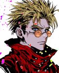  1boy blonde_hair blue_eyes closed_mouth glasses high_collar highres jacket looking_at_viewer male_focus my_nameisyoon orange-tinted_eyewear portrait red_jacket round_eyewear solo spiky_hair tinted_eyewear trigun vash_the_stampede white_background 