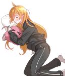  &gt;_&lt; 2girls 5670srpp ahoge black_pants black_sweater blonde_hair bocchi_the_rock! closed_mouth eyelashes gotou_hitori gotou_hitori_(octopus) highres hug ijichi_seika long_hair long_sleeves multiple_girls pants pillow sleeping sweater sweatpants white_background 