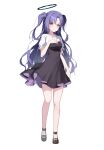  1girl absurdres alternate_costume bare_legs black_dress black_footwear blue_archive breasts casual closed_mouth dress frown full_body halo hand_on_own_chest highres long_hair looking_at_viewer mary_janes medium_breasts parted_bangs purple_hair shirt shoes short_sleeves solo standing two_side_up ugwa very_long_hair violet_eyes wavy_hair white_shirt yuuka_(blue_archive) 