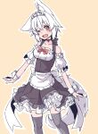  1girl animal_ears apron bare_shoulders black_thighhighs bow collarbone dress fang frilled_apron frilled_dress frills highres inubashiri_momiji kuro-ekaki looking_at_viewer maid maid_apron maid_headdress one_eye_closed open_mouth outline red_bow short_hair short_sleeves skin_fang smile solo tail thigh-highs touhou waist_apron white_apron white_outline wolf_ears wolf_girl wolf_tail wrist_cuffs yellow_background 