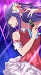  1girl :o absurdres arm_up ascot bare_shoulders blue_ascot blush collared_dress commentary_request detached_sleeves dress hair_between_eyes hair_ornament hair_ribbon highres holding holding_microphone hoshino_ai_(oshi_no_ko) idol idol_clothes long_hair looking_to_the_side microphone oshi_no_ko pink_dress pink_ribbon pleated_dress purple_hair rabbit_hair_ornament ribbon samidarekinoko sidelocks sleeveless sleeveless_dress solo star-shaped_pupils star_(symbol) star_hair_ornament symbol-shaped_pupils two-tone_dress violet_eyes white_dress 