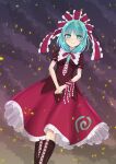  1girl black_footwear closed_mouth commentary cross-laced_footwear dress frilled_dress frilled_ribbon frills front_ponytail gradient_sky green_eyes green_hair hair_ribbon highres jemen kagiyama_hina looking_at_viewer medium_hair red_dress red_ribbon ribbon short_sleeves sky smile solo touhou 