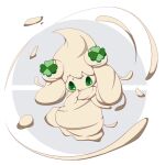  alcremie clover cream creature dot_mouth green_eyes light_blush no_humans pointing pointing_at_self poke_ball pokemon pokemon_(creature) white_background yumemikitune 