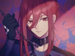  1boy black_gloves blue_lock blue_shirt chain chigiri_hyoma closed_mouth collar gloves hand_up highres hrrr_xox long_hair long_sleeves looking_at_viewer male_focus portrait red_background red_eyes redhead shirt solo 