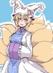  1girl :d animal_ears blonde_hair blue_background dress fox_ears fox_girl fox_tail frilled_dress frills hat highres kuro-ekaki looking_at_viewer mob_cap multiple_tails open_mouth outline short_hair smile solo tail touhou white_dress white_outline yakumo_ran yellow_eyes 