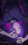  1boy blue_lock chain closed_mouth collar commentary highres holding holding_chain koumimi lying male_focus mikage_reo purple_hair short_hair solo sportswear upper_body violet_eyes 