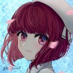  1girl absurdres arima_kana beret blunt_bangs blush bob_cut character_name chinese_commentary closed_mouth commentary_request eyelashes hat highres inverted_bob looking_at_viewer motion_blur muzishu no_pupils oshi_no_ko petals portrait red_eyes redhead shirt short_hair smile solo white_headwear white_shirt 