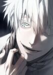  1boy black_background black_blindfold blindfold blue_eyes extra_pupils gojou_satoru grey_sweater hand_up highres immngo_331 jujutsu_kaisen looking_at_viewer male_focus one_eye_closed open_mouth short_hair smile solo sweater upper_body white_hair 