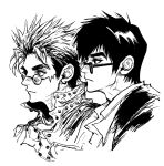  2boys closed_mouth collared_shirt earrings glasses greyscale highres jacket jewelry male_focus mole mole_under_eye monochrome multiple_boys my_nameisyoon nicholas_d._wolfwood portrait profile round_eyewear shirt short_hair simple_background single_earring spiky_hair trigun vash_the_stampede 