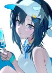  1girl black_hair blush collared_shirt commentary copyright_request food grey_eyes hair_ornament hairclip highres popsicle sankichi_(croquette_crab) shirt short_hair sleeveless sleeveless_shirt solo symbol-only_commentary visor_cap white_shirt 