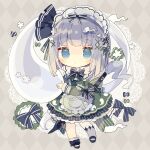  1girl :/ alternate_costume argyle argyle_background black_footwear black_ribbon blue_eyes chibi closed_mouth doily enmaided full_body green_kimono grey_hair hair_ribbon highres hitodama japanese_clothes katana kimono konpaku_youmu konpaku_youmu_(ghost) long_sleeves maid maid_headdress nikorashi-ka pantyhose ribbon sheath sheathed shoes short_hair single_leg_pantyhose sleeve_garter solo sword touhou wa_maid weapon white_pantyhose 