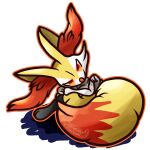  1other animal_ear_fluff animal_ears animal_nose artist_name black_fur body_fur braixen fox_ears fox_tail from_side full_body furry glowing glowing_eyes head_tilt hexintheeevee knees_up looking_at_viewer multicolored_fur orange_outline other_focus own_hands_together pokemon pokemon_(creature) red_eyes signature simple_background sitting solo tail transparent_background white_fur yellow_fur 
