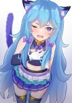  1girl absurdres ai.mi_(omega_strikers) ai.mi_(omega_strikers)_(idol_ai.mi) animal_ears bell blue_eyes blue_hair blush bow cat_ears cat_girl elbow_gloves gloves hair_ornament hama_(daisekken) highres jingle_bell long_hair looking_at_viewer neck_bell omega_strikers open_mouth simple_background skirt solo thigh-highs white_background zettai_ryouiki 