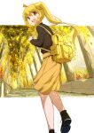  1girl absurdres ahoge backpack bag black_footwear blonde_hair bocchi_the_rock! commentary highres ijichi_nijika long_hair looking_back open_mouth outdoors red_eyes red_shirt shirt shoes side_ponytail sidelocks skirt solo standing t.k.c teeth upper_teeth_only yellow_bag yellow_skirt 