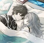  1boy 1girl ahoge akiko35791225 bare_shoulders bishounen black_hair blanket book couple dan_heng_(honkai:_star_rail) earrings futon grey_hair greyscale hetero highres honkai:_star_rail honkai_(series) jewelry long_hair monochrome short_hair sleeping stelle_(honkai:_star_rail) trailblazer_(honkai:_star_rail) upper_body 