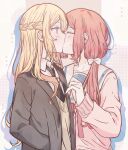  2girls absurdres black_jacket black_necktie blazer blonde_hair blue_eyes blush bow braid brown_sweater closed_eyes collared_shirt commentary fuwa_aya hair_between_eyes hair_bow halftone halftone_background halftone_texture hand_in_pocket highres jacket kiss kousaka_0v0 long_hair multiple_girls necktie onna_doushi_toka_arienai_desho_to_iiharu_onnanoko_wo_hyakunichikan_de_tetteiteki_ni_otosu_yuri_no_ohanashi pink_bow pink_hair pink_serafuku sailor_collar sakakibara_marika school_uniform serafuku shirt sidelocks sweatdrop sweater white_bow white_shirt yuri 