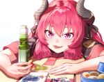  1girl black_bow black_cola black_shirt blue_archive bottle bow commentary_request cookie demon_horns eyebrows_hidden_by_hair food food_in_mouth gradient_background grey_background hair_between_eyes hair_bow holding holding_food horns junko_(blue_archive) long_hair low_twintails pink_hair shirt short_sleeves solo thumbprint_cookie twintails upper_body violet_eyes white_background 